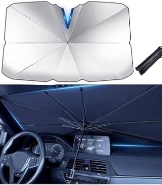 , pare-soleil de voiture, protection de pare-brise, housse de pare-brise avant Meilleur cadeau en été : le parasol de pare-brise adopte un porte-parapluie stable, pratique et peut réduire efficacement la température dans la voiture. Le meilleur cadeau d'été voor jou et votre famille. Ne prend que quelques secondes : le pare-soleil de voiture pour pare-brise peut être facilement déplié et plié en quelques secondes, ce qui est différent des autres produits de pare-soleil de voiture traditionnels. Convient à la plupart des véhicules : la grande taille (122 × 65 cm) convient aux SUV, camionnettes, camions Installation facile : notre parasol est facile à installer et à plier et peut être complété en quelques secondes. L'espace de rangement du pare-soleil de voiture est livré avec une pochette de rangement en cuir compacte qui peut être rangée dans les poches de porte de votre voiture.